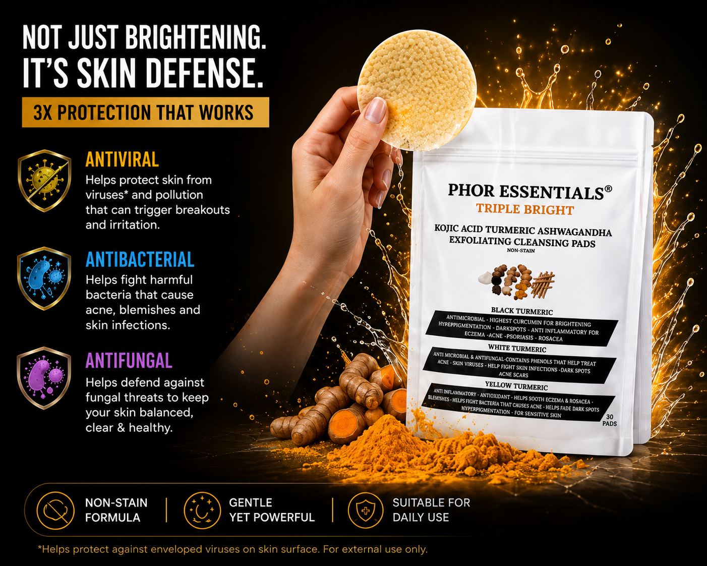 Phor Essentials Triple Bright Non-Stain Kojic Acid Turmeric Skin Brightening Pads