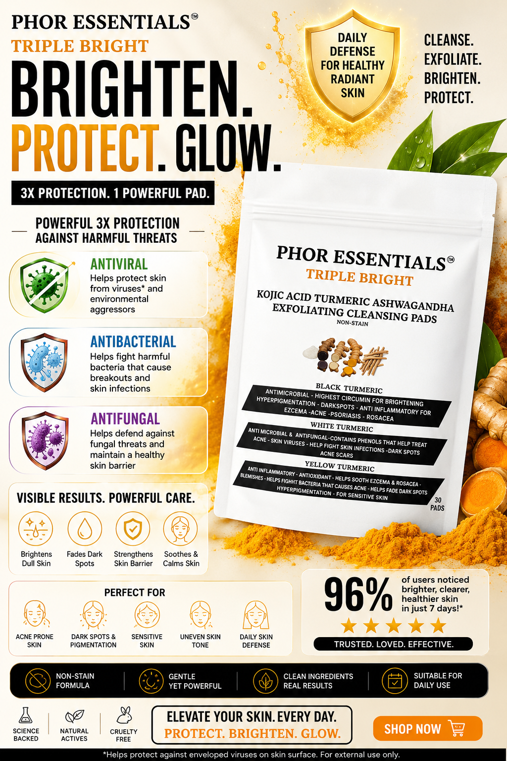 Phor Essentials Triple Bright Non-Stain Kojic Acid Turmeric Skin Brightening Pads