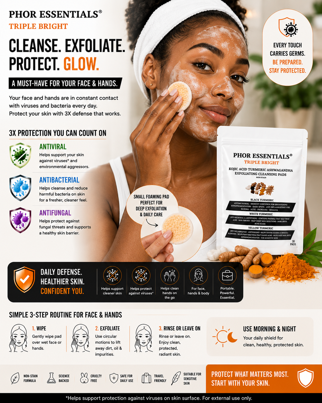 Phor Essentials Triple Bright Non-Stain Kojic Acid Turmeric Skin Brightening Pads